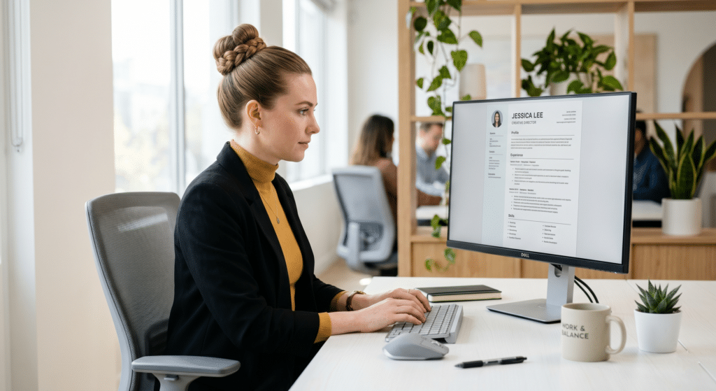 Certified Resume Writer with her laptop