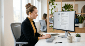 Certified Resume Writer with her laptop
